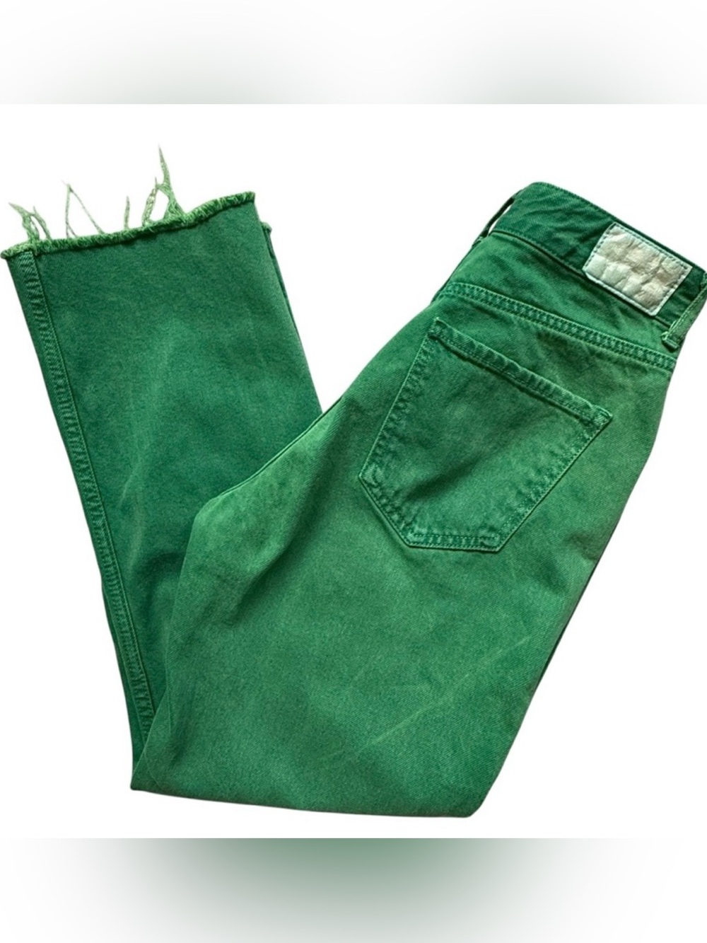 Zara Green Jeans High Rise Button Fly Straight Leg Cropped Raw Hem Denim Size 2
